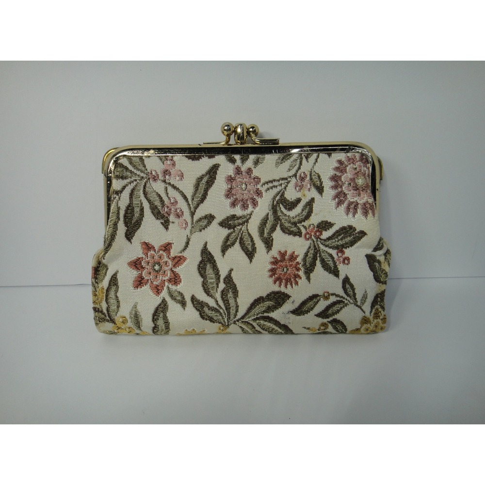 Baronet Vintage Floral Tapestry Tri-Fold Wallet Genuine Cowhide Kiss Lock Cream